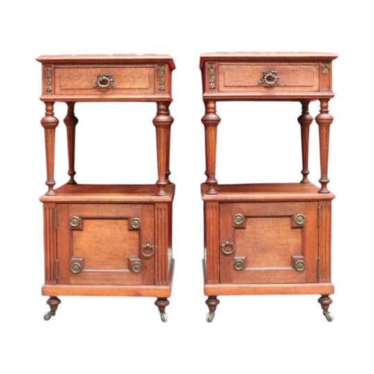 Pair antique French oak bedside cabinets with marble tops and gilt mounts. B12941