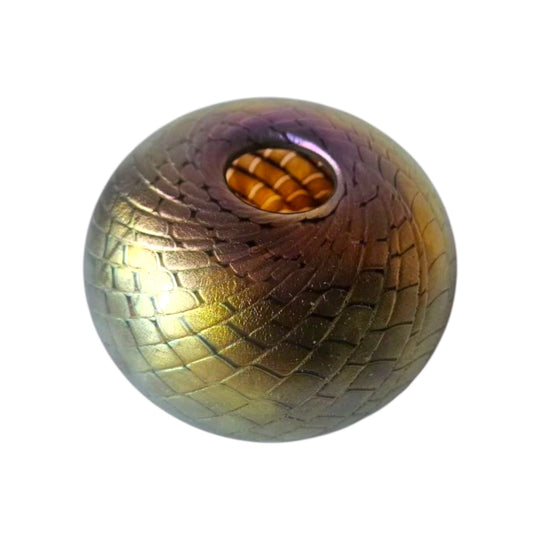 COLIN HEANEY Blue and Yellow Iridescent Art Glass Vase, Artist Signed CBHG 89