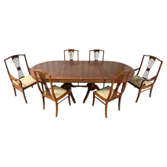 Mahogany Oval Extendable Dining Table with Six Carved-Back Upholstered Chairs, Extends to 245 cm
