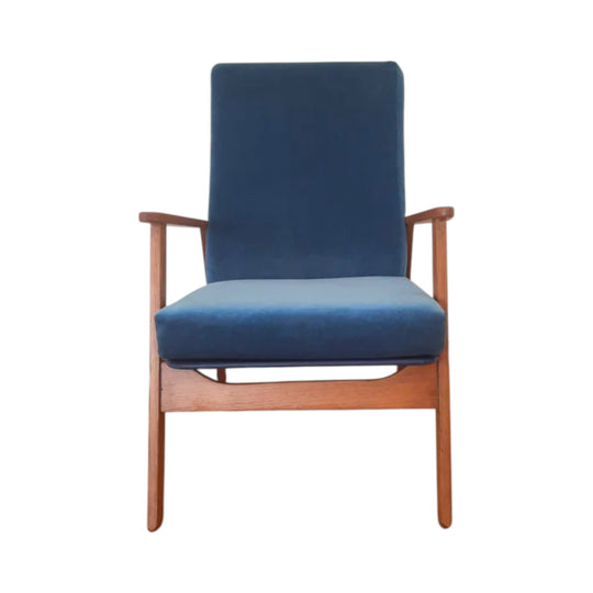 Mid century reclining armchair in midnight blueblue velvet