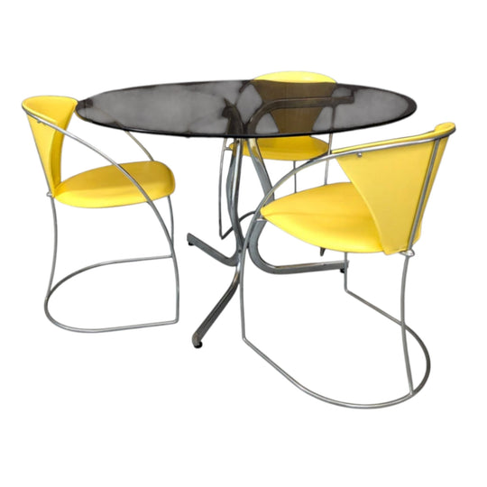 1960s Chrome Pedestal Dining Table with Smoked Glass Top and Yellow Leather Italian Chairs