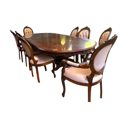 Vintage 3m Long Dining Table with 8 Leather Matching Chairs