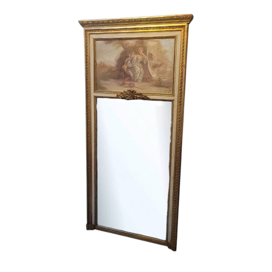 Antique French Gilt & Hand Painted Decorative Trumeau Mirror