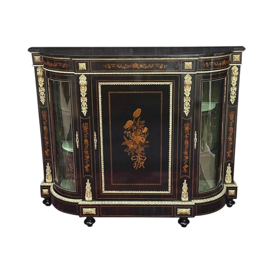 English Ebonised 3 door credenza with marquetry inlays and gilt bronze mounts c.1870