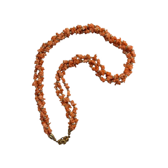 Vintage Coral Chip Necklace With Decorative Floral Clasp