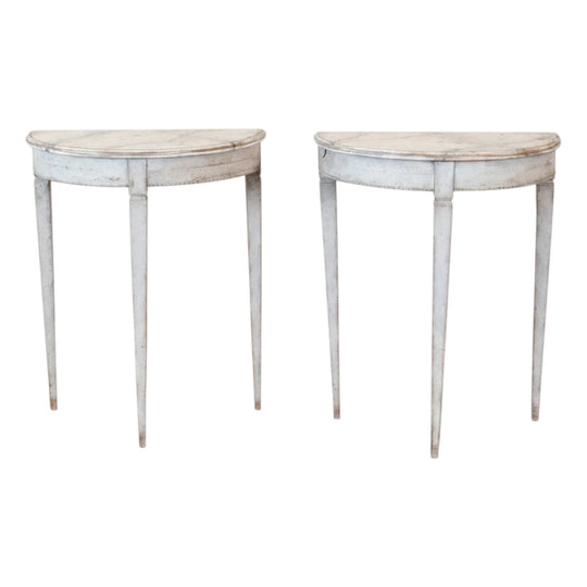 Pair of Gustavian-Style Demilune Side Tables with Faux Carrara Marble Tops, Bead-and-Reel Friezes and Original Grey-Blue Paint