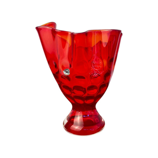 Sanyu Japanese Art Glass Vase | Ruby Red Ruffled Vase | Original Sticker |  19cm Tall
