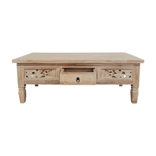Balinese Handcarved Teak Coffee Table Whitewash