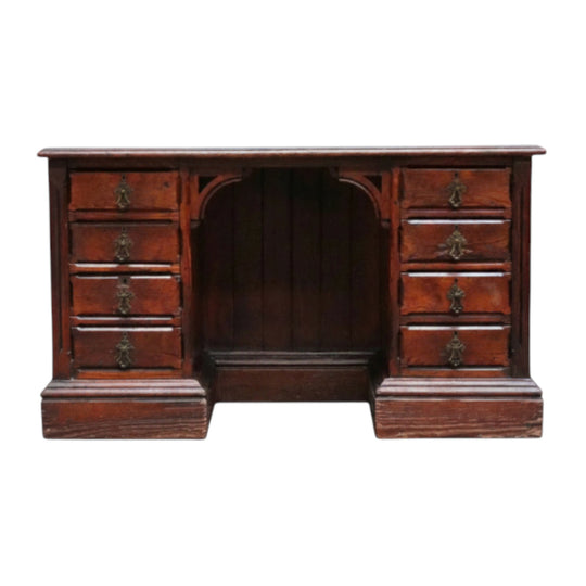 Antique English Oak 8 Drawer Leather Top Brass handles Office Desk with Cabinet Back B13010
