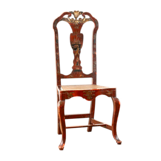 A Set of Eight Queen Anne Style Red-Lacquered and Gilt Chinoiserie Side Chairs