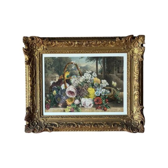 Antique 19th Century Hand-coloured Floral Print in Ornate Gilt Frame