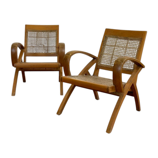 Pair of 1940s Teak and Rattan Lounge Chairs