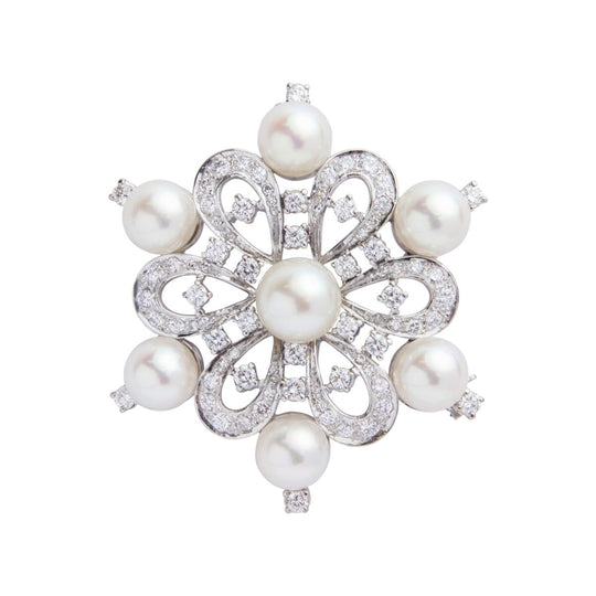 14kt Gold Diamond & Akoya Pearl Floral Brooch