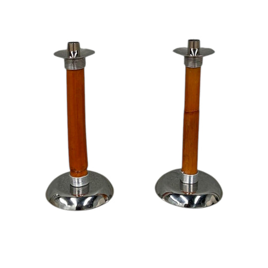 Pair of Bamboo & Chrome Candlesticks 1970s