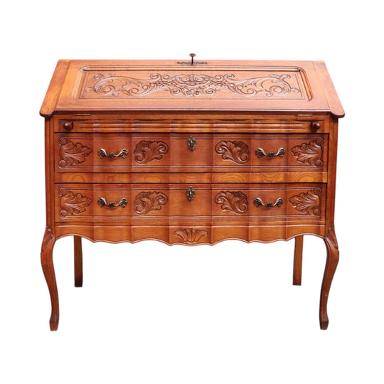 Vintage French Oak Writing Bureau with Drop Front Desk and Two Drawers on cabriole legs B12705