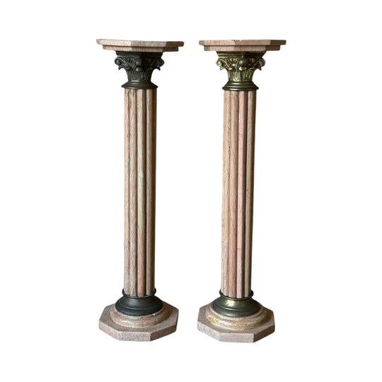 Vintage Pair of Neoclassical Pink Veined Marble & Brass Pedestals