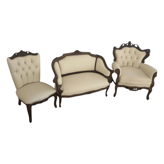 French Victorian two seater lounge, armchair and princess chair