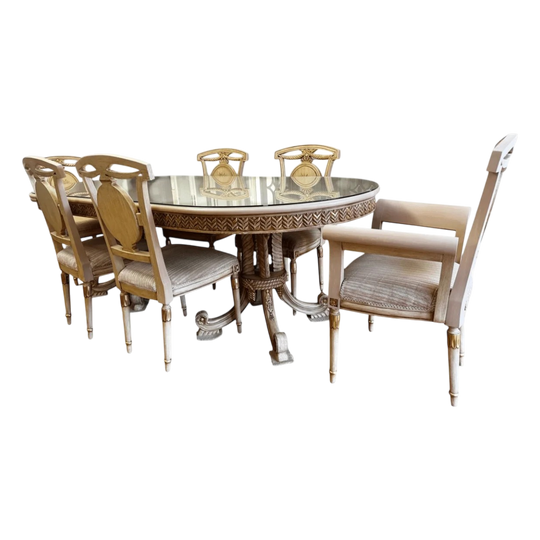 French Louis XVI Style Glass Dining Table & 6 Newly Upholstered Chairs