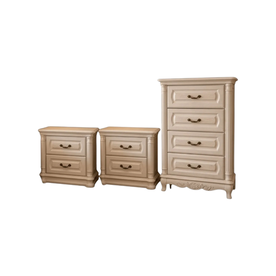 Antique Style Solid Timber Bedroom Set – 2 Bedside Tables + 4 Drawer Tallboy$300