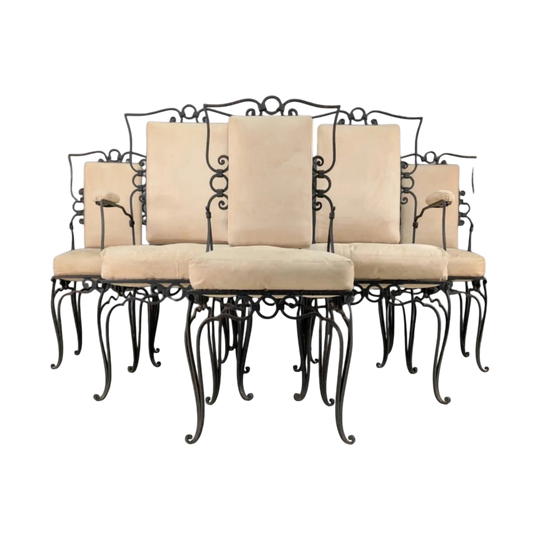 René Prou Six Piece French Art Deco Wrought Iron Dining Chairs
