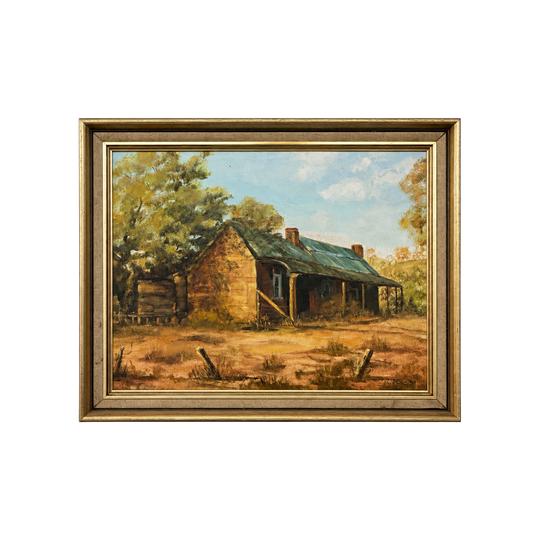 Beautiful vintage landscape oil painting of a rustic country cottage