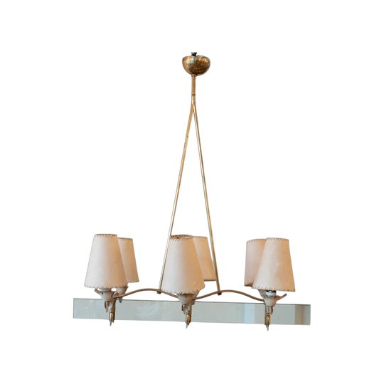 An Italian Brass and Glass Six-Light Chandelier, in the manner of Fontana Arte