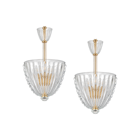 A Pair of Clear Murano Glass and Gilt-Brass Pendant Lights, by Murano Due