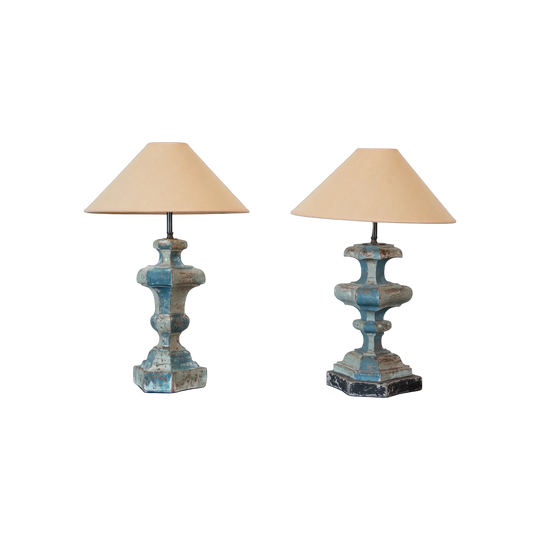 A Near Pair of Italian Blue and Grey-Green Painted Carved Wood Baluster Table Lamps, the Bases 18th Century, Later Adapted