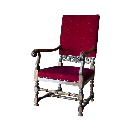 Vintage Carved Oak Chair with Original Mulberry & Green Velvet Upholstery