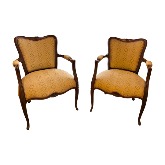 Pair of French Provincial Armchairs – Carved Timber & Gold Upholstery.