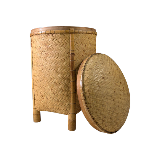 Large Vintage Bamboo and Rattan Lidded Basket