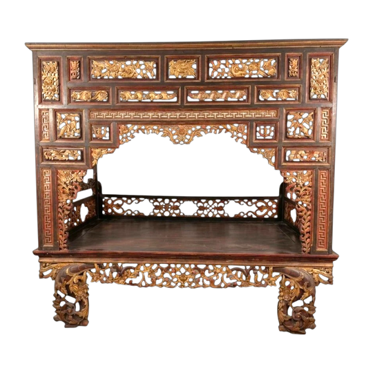 Authentic Antique Madurese Wedding Bed (Ranjang Madura) – Carved Teak with Gold Leaf & Lacquer