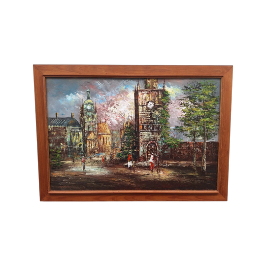 Vintage Signed Street Scene Oil Painting in Timber Frame