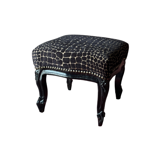 Vintage French Style Ebonised Stool With Crocodile Jacquard Upholstery