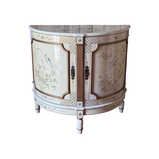 Vintage Chinoiserie Demi-Lune Cabinet With Hand-Painted Bird & Floral Details