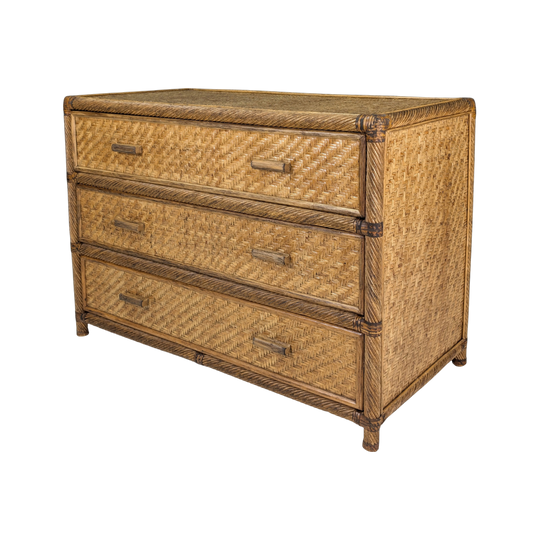 Vintage Herringbone Wicker Chest of Drawers with Spiral Rattan Framing