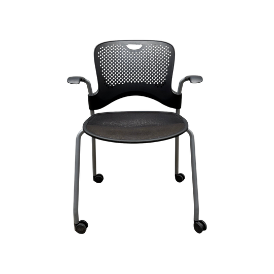 Herman Miller Caper Stacking Chair – Black Flexnet Seat, Fixed Arms, Castors