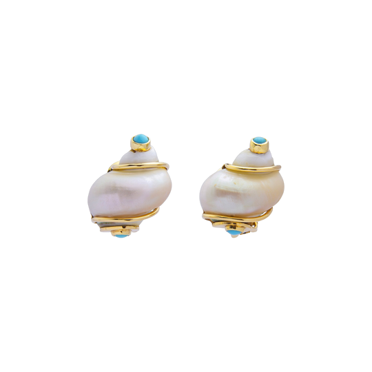 Seaman Schepps Shell Ear-Clips with Turquoise Cabochon