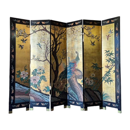 Vintage Chinese Double-Sided Eight-Panel Gilt Lacquer Folding Screen