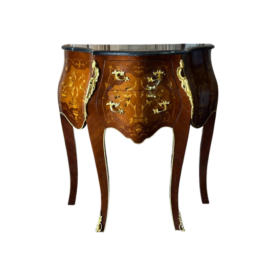 Vintage French Louis XV Style Marquetry Commode With Black Marble Top