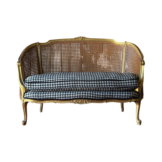 Vintage French Louis XV Style Giltwood & Cane Bergère Settee  with Houndstooth Upholstery