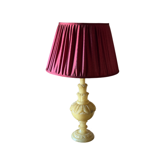 Vintage Carved Alabaster Table Lamp with Red Satin Drum Shade