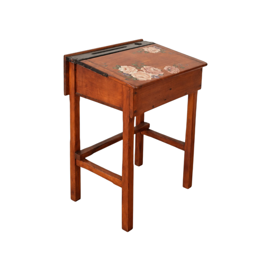 Floral-Painted Timber School Desk with Lift-Up Lid
