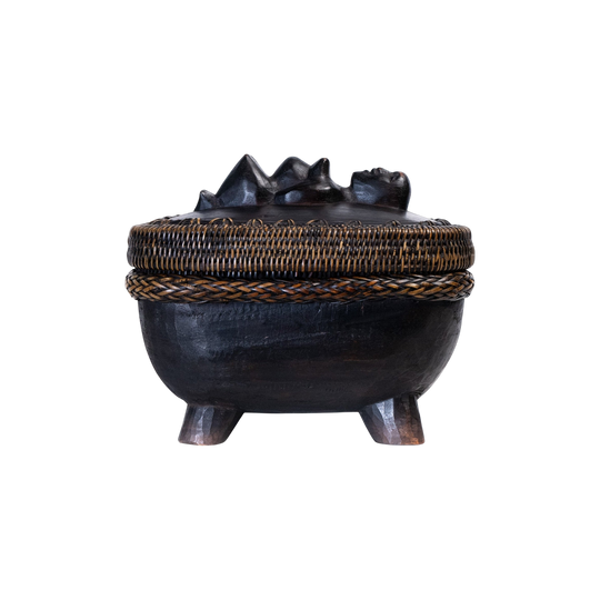 Indonesian Lombok Carved Wood & Woven Ketak Basket