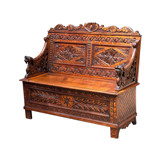 19th century carved oak settle with lift up storage c.1880