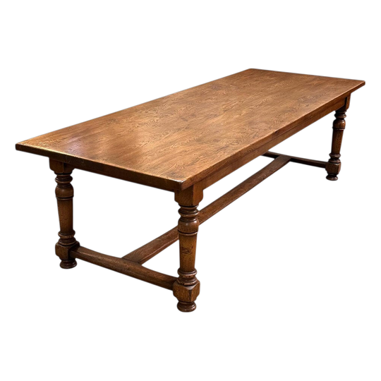Large French elm farmhouse refectory dining table with stretcher base