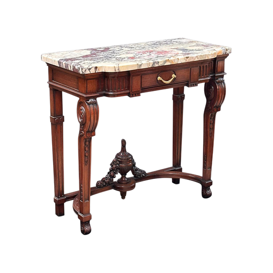 French walnut single drawer console table with calacatta viola marble top c.1880