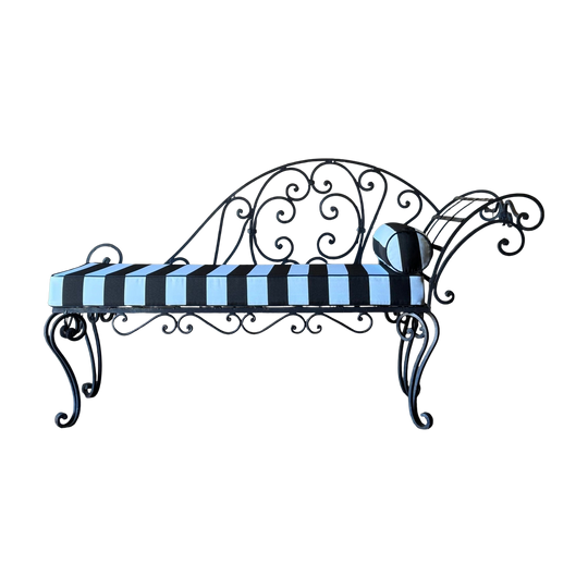 Vintage French Style Wrought Iron Garden Settee - Striped Upholstery