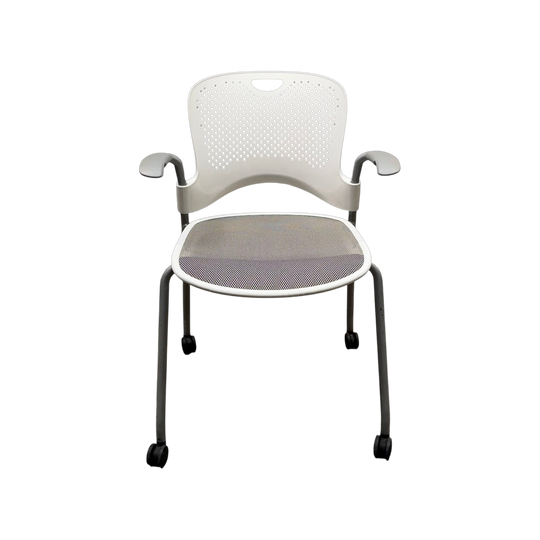 Herman Miller Caper Stacking Chair – White, FLEXNET Seat, Arms & Castors