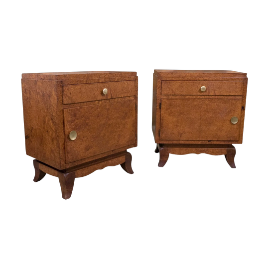 A Pair of French Art Deco Amboyna Wood Bedside Table